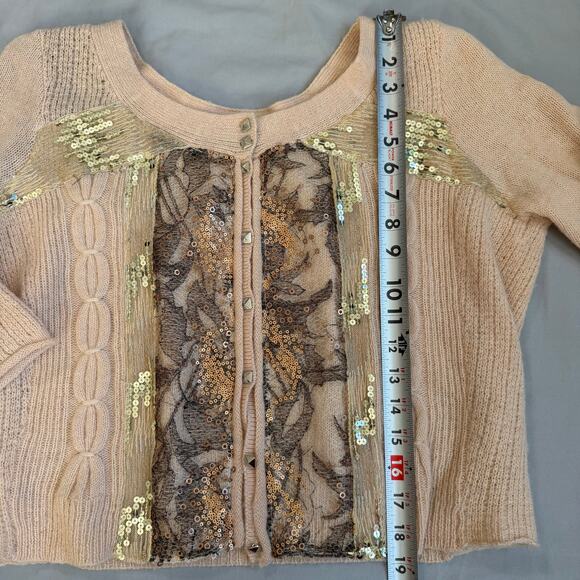 Free People Peach/Pink Sequin Lace front 3/4 Sleeve Cardigan Sweater- M - Picture 8 of 10